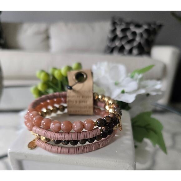 Anthropologie Pink Beaded Gold Beaded Wrap Bracelet New - Picture 1 of 5